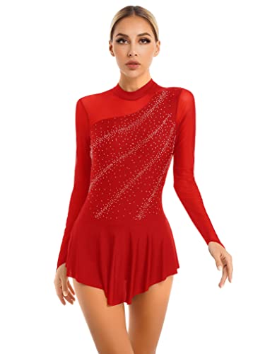 Freebily Damen Eiskunstlauf Kleid Langarm Mesh Eislaufen Ballettkleid Tanz Trikot Mit Strass Glitzer Gymnastikanzug Skating Kleid Rot S