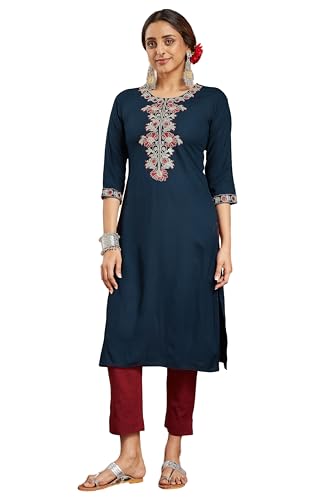 Image of Janasya Women's Navy Blue Rayon Embroidered Straight Kurta