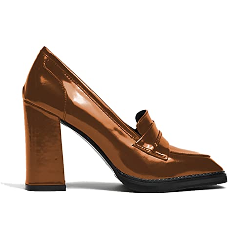 Image of FOWT Dressy High Block Heels Loafers for Women Classical Square Toe Pumps Comfortable Slip On Walking Shoes School Uniform Goth Oxfords US Size 4-16 M