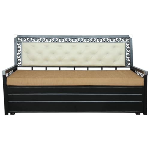 Image of Rexo Metal Sofa Cum Bed with Hydraulic Storage | 3 Seater Convertible Sofa Bed for Living Room | Heavy Duty Metal FrameMatte Black Finish with Light Brown Cushion, Queen