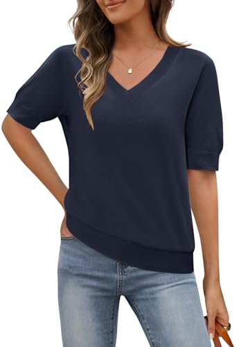 MEROKEETY Women's Short Sleeve Sweater Summer Business Casual Tops V Neck Lightweight Knit Work Shirts