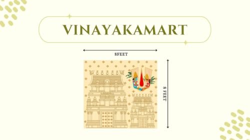 Image of varalakshmi Pooja Backdrop | Light Cream Backdrop with Temple Towers, a Sacred Red Namam, and Lord Venkateswara and Padmavathi Backdrop 8x8 Feet | Backdrop for Pooja