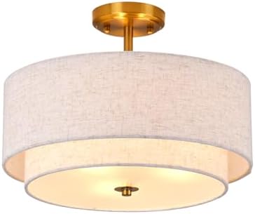 3-Light Semi Flush Mount Ceiling Light Fixture, 16" Gold Drum Light Fixture, Modern Close to Ceiling Light with 2-Laye Fabric Shade Lamps for Bedroom Living Dining Room Hallway Entryway Foyer