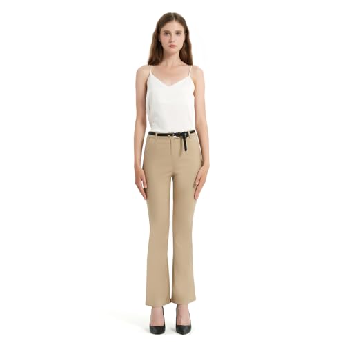 GLOWELFA Pantalón de mujer de cintura alta elegante y chic – Pantalón de corte bootcut con bolsillos, cómodo para trabajo, oficina, ceremonia y noche, caqui, L