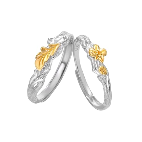 Bague Femme Argent Ajustable bague argent homme 925 feuilles fleurs couple