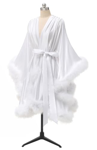 Yexinbridal Feather Fur Robe Silk Satin Bridal Dressing Gown Sexy Illusion Lingerie Nightgown Bathrobe Sleepwear2