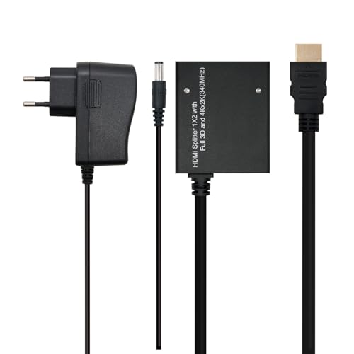 Duplicador HDMI 1x2 de alta velocidad con alimentación, ideal para compartir señal en múltiples pantallas y mejorar presentaciones.