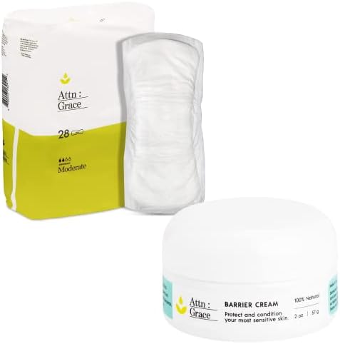Attn: Grace 2oz Barrier Cream & Moderate Incontinence Pads (28-Pack) - High Absorbency Sensitive Skin Protection for Medium Bladder Leaks or Postpartum/Discreet, 100% Breathable & Plant-Based
