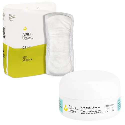 Attn: Grace 2Oz Barrier Cream & Moderate Incontinence Pads (28-Pack) - High Absorbency Sensitive Skin Protection For Medium Bladder Leaks Or Postpartum/Discreet, 100% Breathable & Plant-Based #TOP3