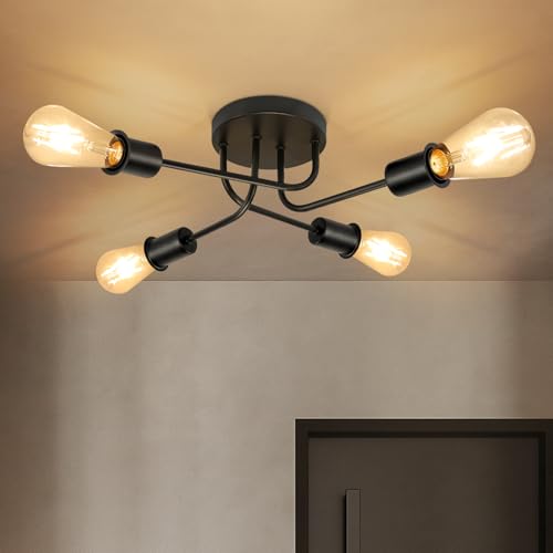 CBJKTX Deckenleuchte Vintage Deckenlampe Schwarz - 4 Flammig E27 Küchenlampe Retro Wohnzimmerlampe Industrial Flurlampe Metall Design Schlafzimmerlampe für Küche Wohnzimmer (ohne Leuchtmittel)