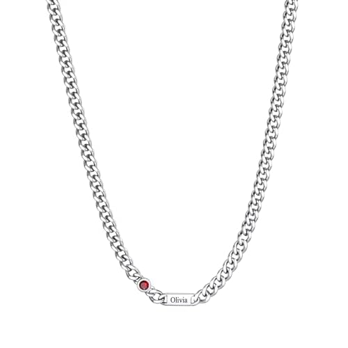 Custom4U Personalized Cuban Link Birthstone Necklace for Women Men, Stainless Steel Cuban Chain 5mm Custom 1-6 Names, Jewelry Gifts for Birthday, Mothers Day, Christmas, Fathers Day 18 inche