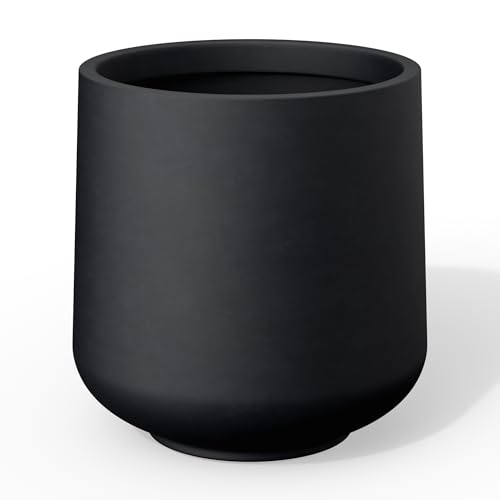 Image of Kante Black Concrete Planter 13 inch Dia All-Weather Round Accent Pot | Handcrafted Cement Curved, Anti-Frost & UV Outdoors, Plug for Indoor, Lightweight & Durable, Modern Home, Garden, Porch