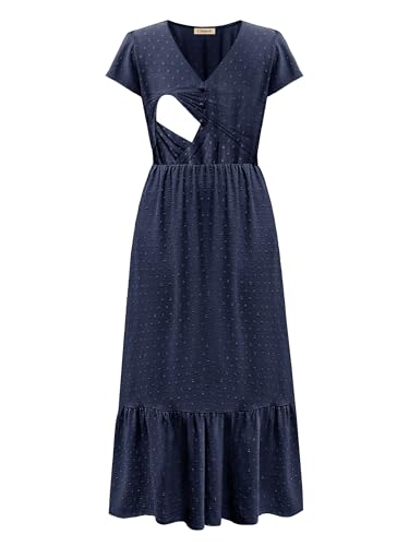 Image of CzzzyL Women Nursing Boho Maxi Dresses Cap Short Sleeve V Neck Swiss Dot High Waisted A-Line Ruffle Tiered with Pockets
