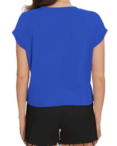 Image of Womens Crop Tops Summer Roll Cap Sleeve Cropped Tshirt Loose Fit Basic Tees