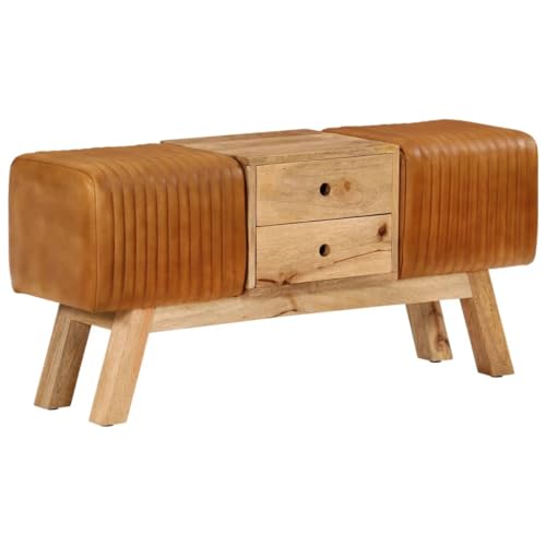 Foknhdi Banco de piel de cabra auténtica y madera maciza de mango, color marrón, 107 cm, estilo vintage, banco de pasillo con 2 cajones, acolchado para pasillo y salón