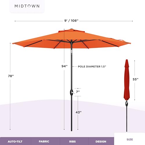 Image of Midtown Umbrellas - 10-Year-No-Fade 9 Ft Patio Umbrella with Terylast Fabric, Auto-Tilt Aluminum Frame and 8 Reinforced Ribs for Deck, Pool, Garden & Beach - Tangerine Canopy, Black Pole