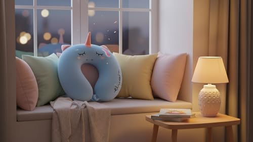 Image of Soft and Comfortable Cartoon Designed U-Shaped Kids Travel Neck Pillow for Airplane Car Flight Head Neck Support for Boys and Girls (Pack of 1, Blue)
