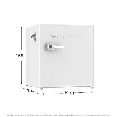 Frigidaire Retro Compact Fridge with Chiller, Countertop, Built-in Bottle Opener, Compact Refrigerator 1.6 cu ft, Mini Fridge for Office, Bedroom, Dorm Room or Cabin - 16" D x 18" W x 18.5" H (White)