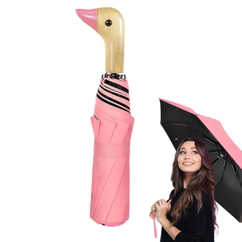 Genérico Paraguas De Cabeza De Pato - Plegable De 3 Pliegues Con Mango De Madera, Resistente Al Viento, 8 Varillas, Portátil, De Viaje | De Cabeza De Pato Para Mujeres, Hombres Y Niños, Con P