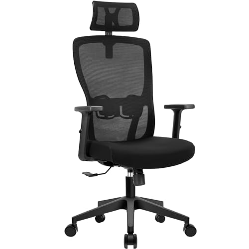 Durrafy Office Chair, Desk Chair with Adjustable Headrest, Lumbar support and Liftable Armrest, High Back Ergonomic Office Chair, Breathable Mesh Backrest for Comfort, Computer Chairs