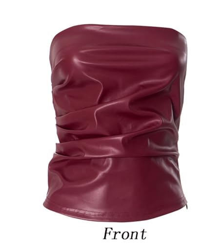 Women Soft Leather Tube Top Vest Sexy Ruched Strapless Bandeau Crop Top Asymmetrical Club Party Rave Corset Top T-Shirt4
