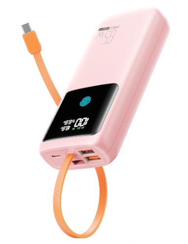 Image of Portable Laptop Charger 24000mAh 65W w /USB C Built-in Cable Pink | 65W Fast charging, LED display, Charge 4 devices at once, Pass through, TSA approved, Compatible with Macbook /Notebook /iPhone