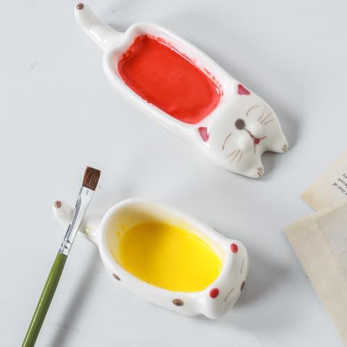 Cute Cat Ceramic Paint Palettes for Watercolor Gouache Painting, Porcelain Paint Mixing Tray Saucer