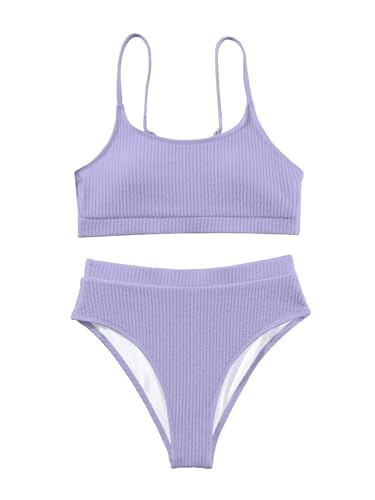 Image of Lilosy High Waisted Tummy Control Ribbed Bikini Crop Top Brazilian Swimsuit Set 2 Piece