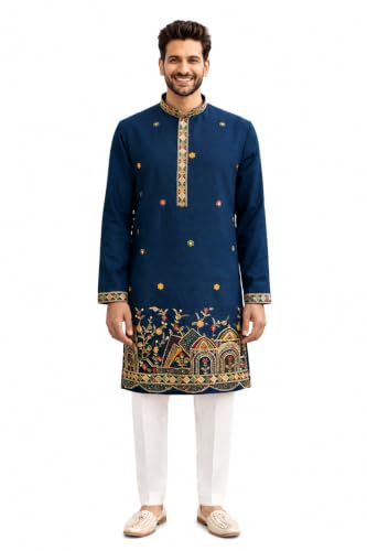 Buy Amazon Brand - Tavasya Men’s Blue Ethnic Floral Embroidered Border Kurta (HOPMK498_M) at Amazon.in - Image 2