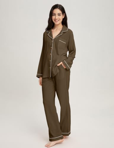 Image of Womens Muslin Pajama Set 100% Cotton Double Gauze Linen Like | Breathable Soft Comfort Button Up Loungewear Sleepwear PJ Set