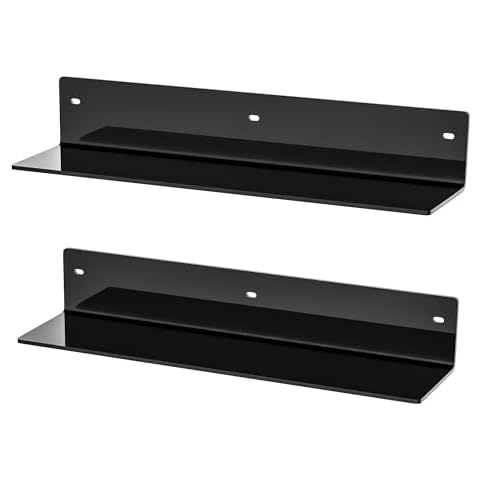 Sezanrpt 16 Inches Black Acrylic Wall Shelves 2 Pack, L Shape Floating Shelf, Acrylic Corner Shelf for Model Car, Candle, Calendar, Towel, Toiletries, Moisture-Proof, 4'' Depth Cover