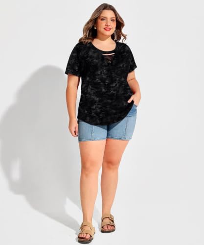 Image of CARCOS Plus Size Tops for Women Short Sleeve Shirts Basic Tee Solid Color Blouse V Neck Tunic Loose Fit Tshirts Summer XL-5XL