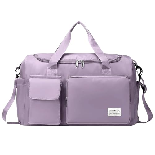 Image of 41L Expandable Travel Duffle Bag for Women | Waterproof Nylon Foldable Travel Bag | Overnight Luggage Handbag with Wet Pocket | Lightweight Carry-On Gym & Weekend Bag for Ladies (Light Purple)
