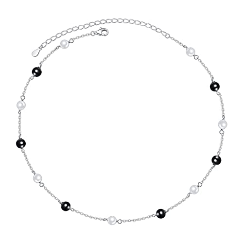 S925 Sterling Silver Choker Pearl Black Clavicle Dainty Short Pendant Necklace for Women Jewelry