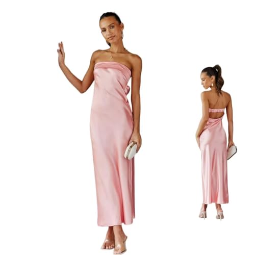 Image of Womens Strapless Satin Maxi Dress Backless Tube Dress | Strapless satin maxi dress with elastic back folded bust backless cut smooth drape and slim tube fit for events