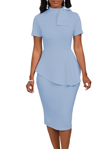 Image of WanMem Women Formal Bodycon Peplum Cocktail Dress Short Sleeve Bow Ruffle Pencil Party Midi Dresses