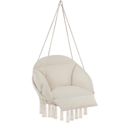 tectake® Columpio Jardín Exterior, Silla Colgante con Cojín Grueso Extraíble, Sillón Balancín con Robustas Cuerdas de Sujeción y 2 Anillas de Fijación, Hamaca Colgante para Interior y Exterior - beige