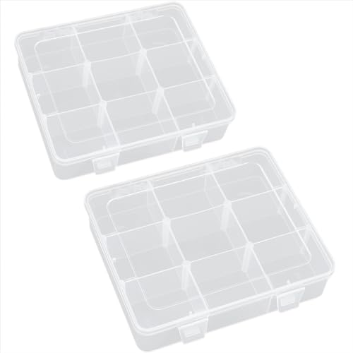Image of 2 PCS Clear Plastic Organizer Box Container Craft Storage with Adjustable Dividers (9 Girds) for Small Items and Bead Rings Jewelry Display Organizer Size 7.24 x 6.1 x 1.65 in