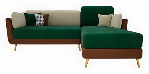 Image of Velvet Contemperory 4 Seater LHS Sofa Couch with Cushion Chaise Lounge Sectional Perfect for Living Room & Bedroom Guests Home & Office (LHS 4 Seater Green & Beige)