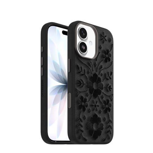 Image of OtterBox iPhone 17 Symmetry Series Cactus Leather Embroidery Case | Black Ink Blossom Embroidered Design, Textured, Embroidered Floral Artistic iPhone Case for MagSafe