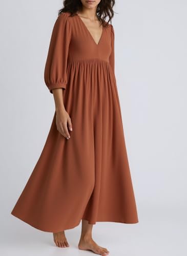 Image of Celmia Autumn Solid Loose Long Maxi Dress Cotton Caftan