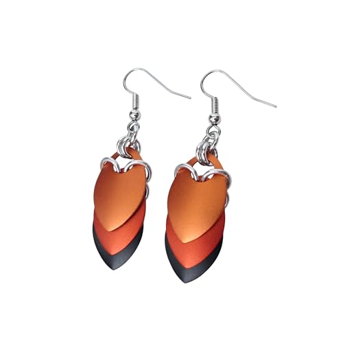 Layered Leaf Chainmail Earrings for Fall – Handmade Orange and Black Halloween Jewelry – Stainless Steel French Hook Ear Wires