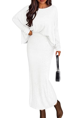 PRETTYGARDEN Women's Fall 2025 Two Piece Matching Skirt Sets Long Sleeve Tops Maxi Long Slit Bodycon Skirts Vacation Outfits (White,Medium)