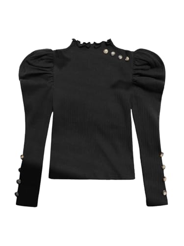 Floerns Girl's Mock Neck Fitted T Shirt Puff Long Sleeve Ruffle Button Ribbed Knit Tee Tops