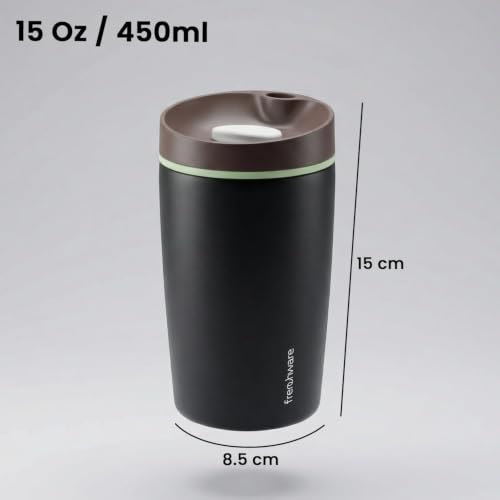 Image of Frenchware AeroMug Insulated Stainless Steel Coffee Tumbler, 450 ml | Smooth Sip Slider, Reusable, Hot & Cold Coffee Travel Mug, Carbon Black