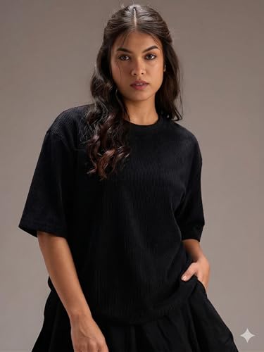 Image of RodZen Women Half Sleeve Polycotton Rib Textured Oversized Tshirt|Drop Shoulder|Loose Fit Tshirt|Stretchable
