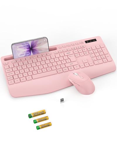 SABLUTE KM23D Wireless Keyboard and Mouse Set 2.4G Ergonomic Cordless Set with Wrist Rest Phone Holder Batteries Included Lag-Free Silent Combo for Laptop PC Mac Windows - Pink