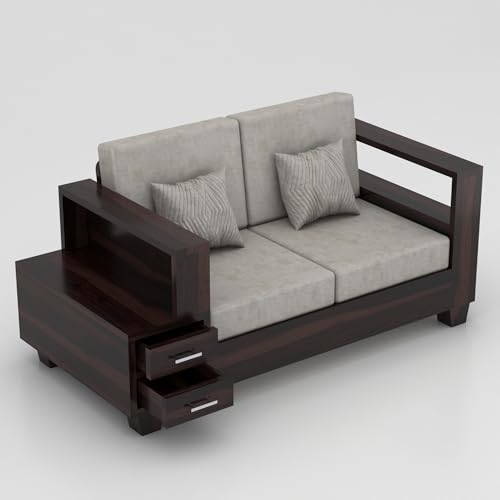 Image of Sheesham Wooden 2 Seater Sofa for Living Room | Solid Wood Sofa with Side Box Storage & Cushion | Rosewood Sofa Set for Home & Office | Lounge (Walnut, 2 Seater)
