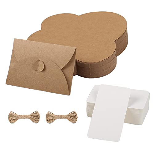 80 Stück Mini Kraftpapier Umschläge mit 80 Stück Blanko Papier Karten und Jute Schnur, Mini Briefumschläge mit Herz Verschluss für Grußkarte Geschenkkarte (10*7cm) Cover
