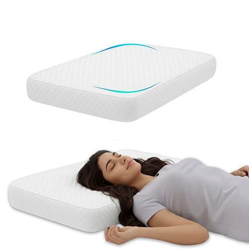 Image of Neck Relief Pillow, Shredded Memory Foam Orthopedic Support, 60x38x10 cm High Density, White Geometric Jacquard Fabric, Aligned Spine Bedding for Side and Back Sleeper